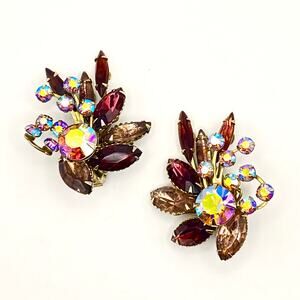 Vintage Unsigned Judy Lee AB Garnet Color Rhinestone Floral Earrings Clipon